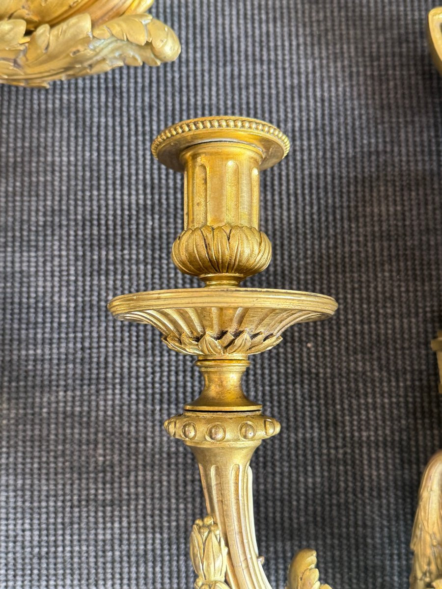 Large Pair Of Louis XVI Period Sconces In Chased And Gilt Bronze, 18th C.-photo-3
