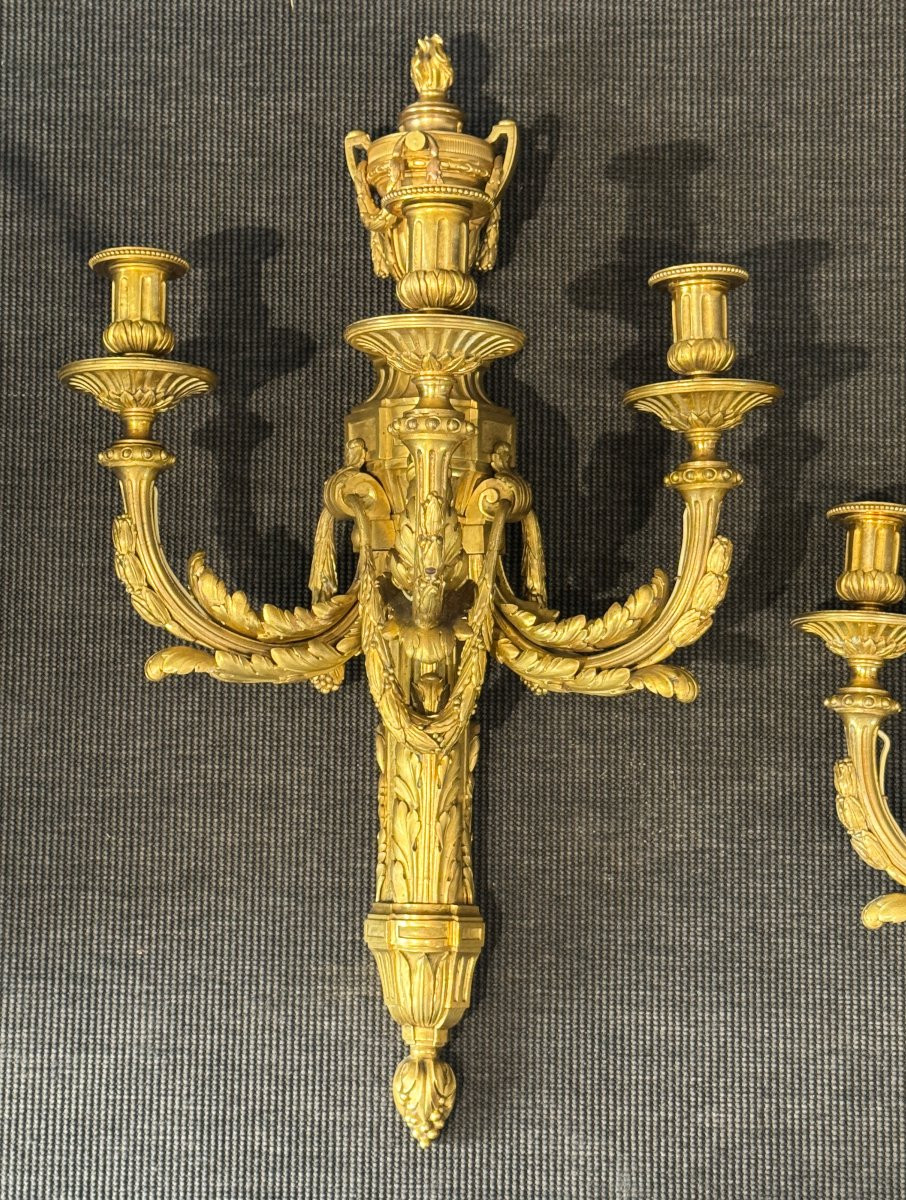 Large Pair Of Louis XVI Period Sconces In Chased And Gilt Bronze, 18th C.-photo-3