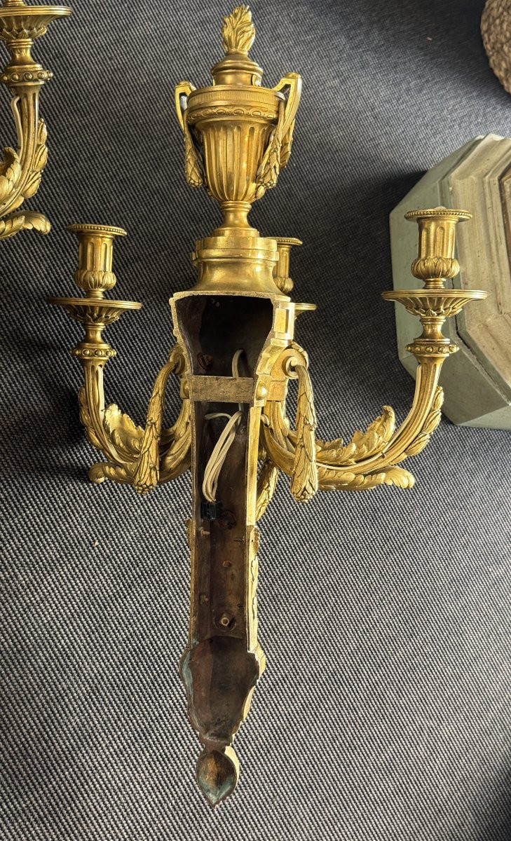 Large Pair Of Louis XVI Period Sconces In Chased And Gilt Bronze, 18th C.-photo-8