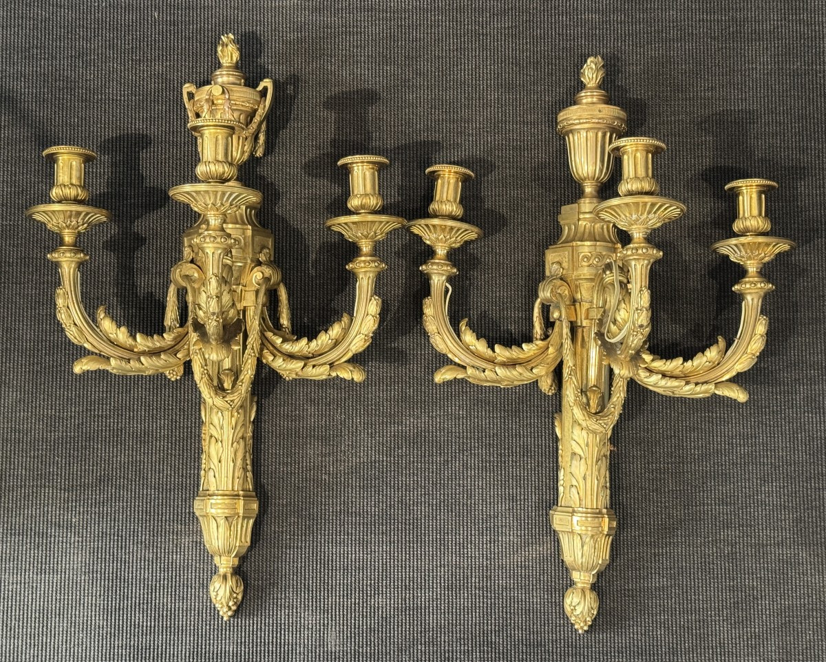 Large Pair Of Louis XVI Period Sconces In Chased And Gilt Bronze, 18th C.