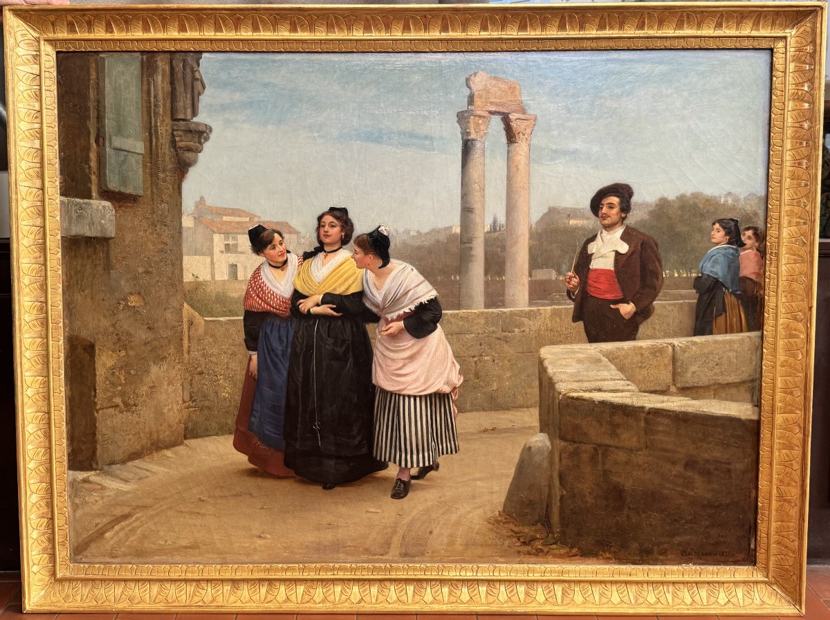 Philip Hermogenes Calderon (1833–1898) — “the Coquettes,” Arles, 1875 — Oil On Canvas, 19th Century
