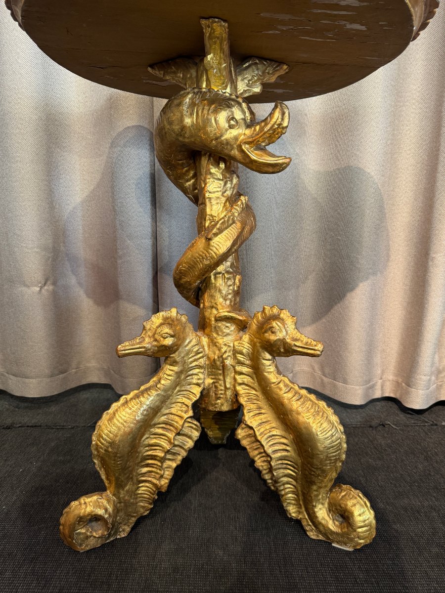 "cave-style" Pedestal Table In Gilded Wood, Italy, 19th Century -photo-1