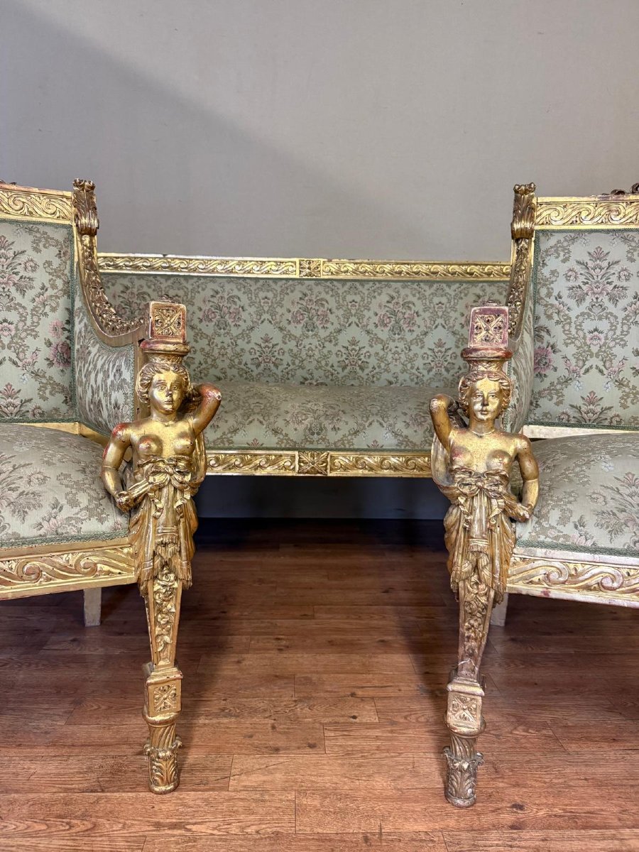 Salon " Aux cariatides " en bois sculpté et doré, vers 1840 - XIX° siècle-photo-2