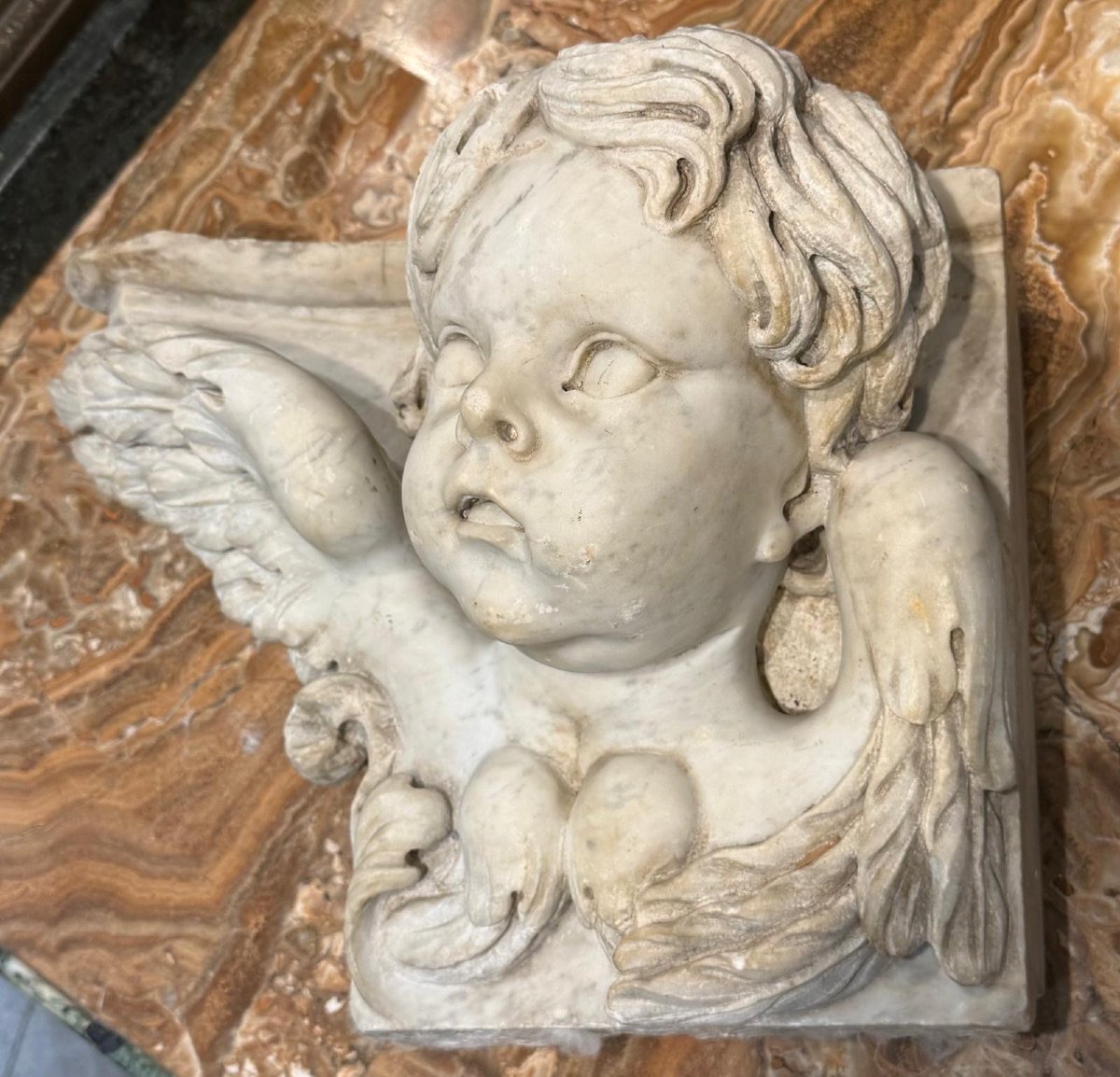 Winged Angel Head In White Carrara Marble, Italy, 18th Century -photo-3