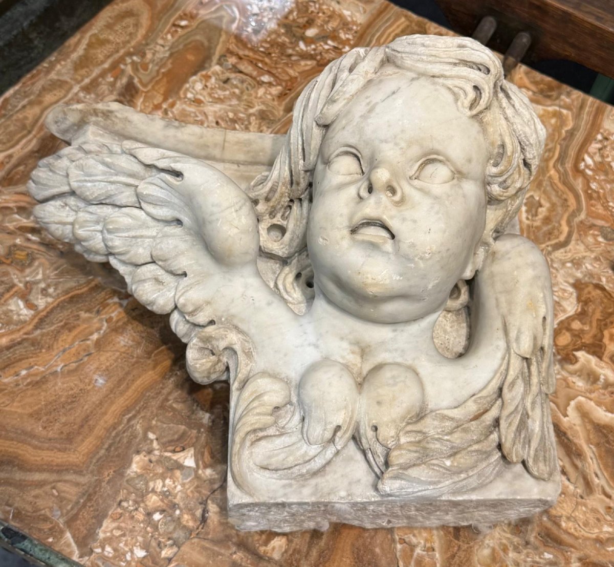 Winged Angel Head In White Carrara Marble, Italy, 18th Century -photo-4