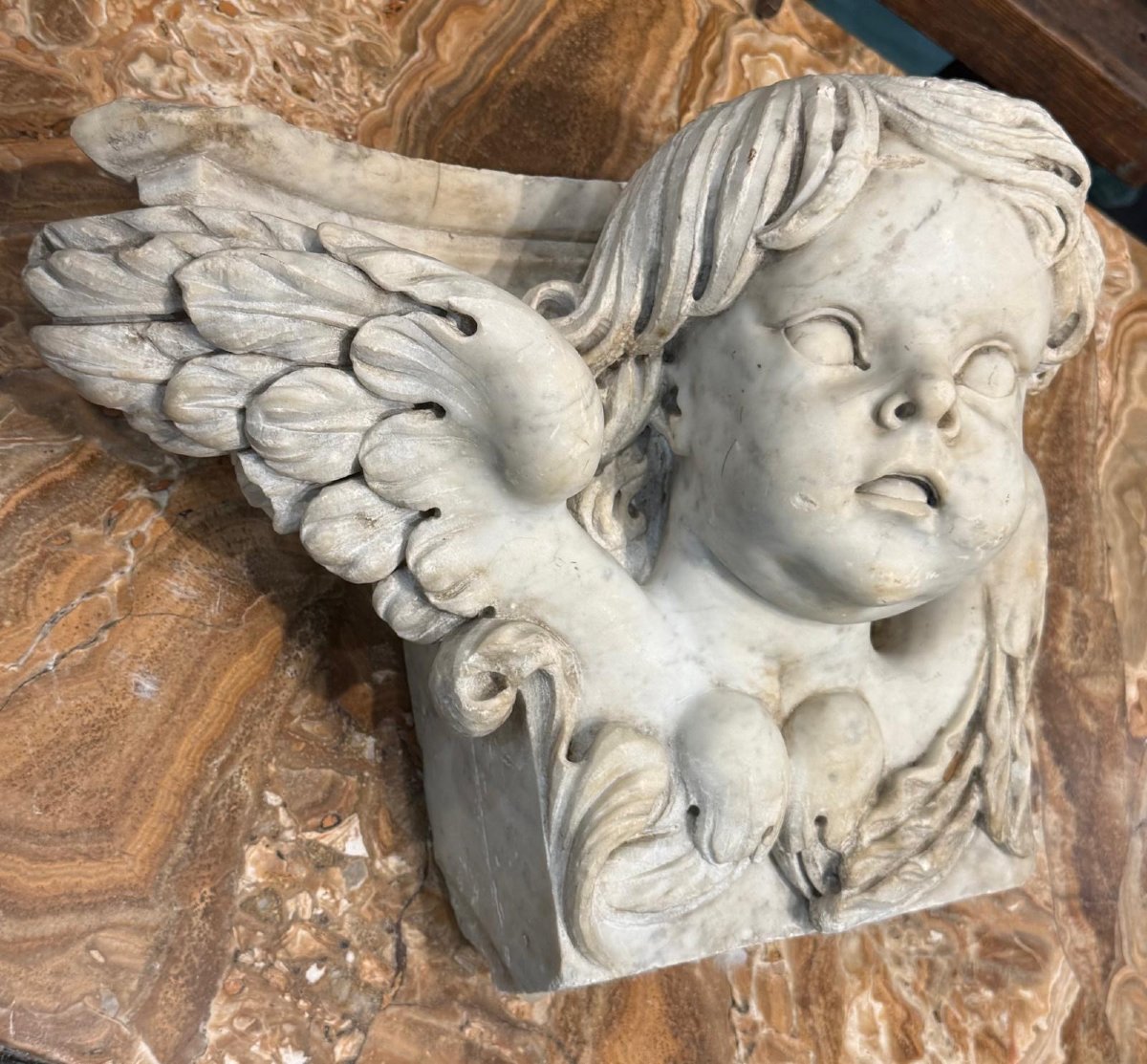 Winged Angel Head In White Carrara Marble, Italy, 18th Century -photo-1