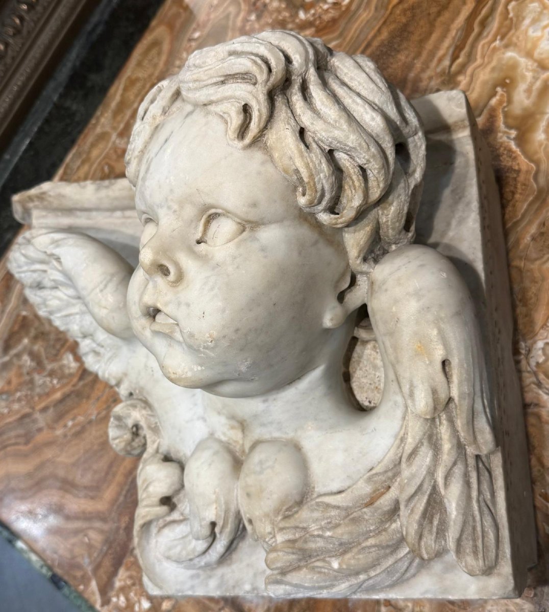 Winged Angel Head In White Carrara Marble, Italy, 18th Century -photo-2