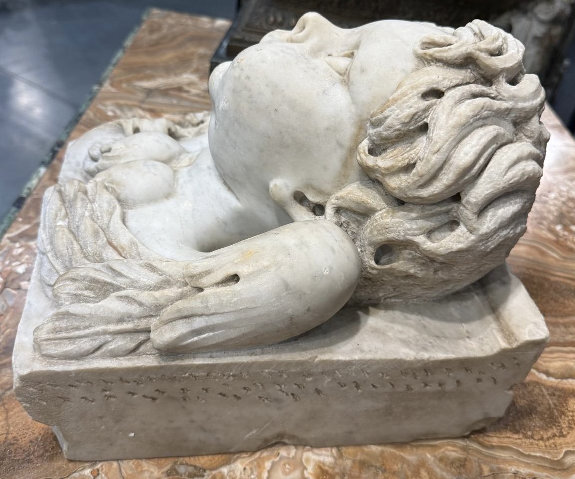 Winged Angel Head In White Carrara Marble, Italy, 18th Century -photo-3