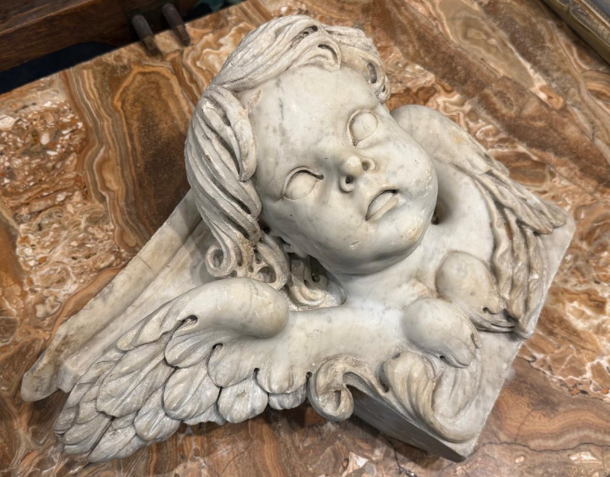 Winged Angel Head In White Carrara Marble, Italy, 18th Century 