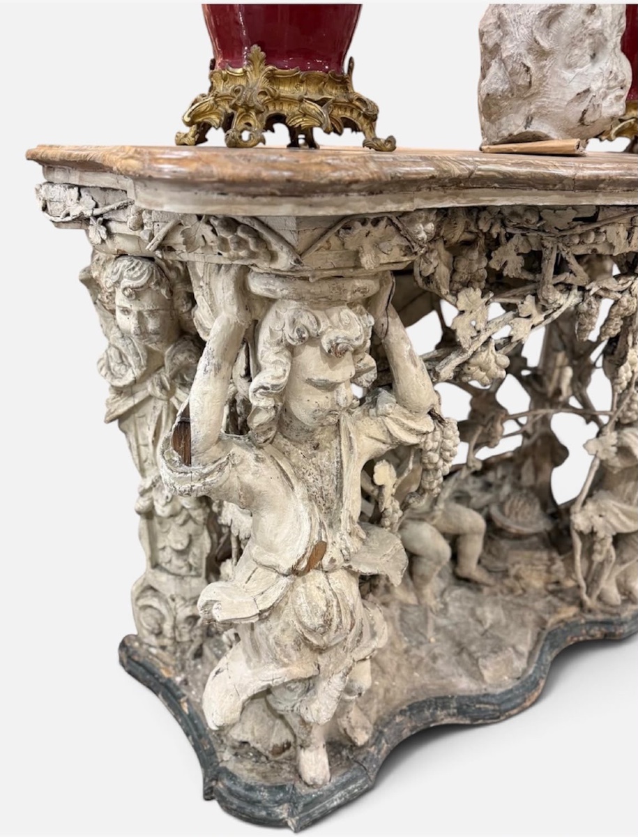 Console Table With Lacquered Wooden Caryatids, 18th Century -photo-2