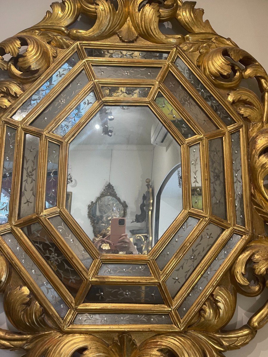 Grand Miroir Octogonal En Bois Sculpté et Doré, époque Napoléon III-photo-2