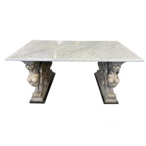 Large Marble And Terracotta Table With “winged Sphinxes” Late 19th Century