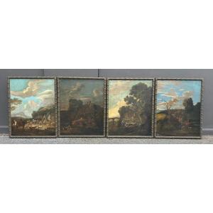 Suite Of Four Oils On Canvas "animated Landscapes" Italian School, 18th Century