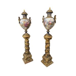Pair Of Sèvres Vases On Columns In Gilded Wood 19th Century