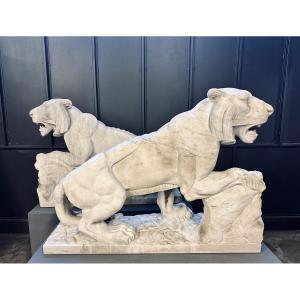 Pair Of Large Tigers In White Carrara Marble, Late 19th Century 