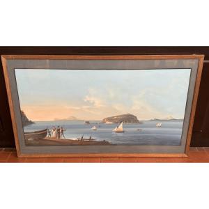 Gouache "view Of Nisida" Italian School Of The 19th Century