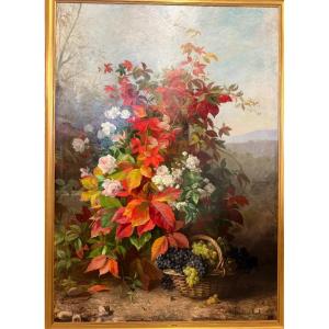 BARBAUD-KOCH Marthe-Elisabeth (1862-1928)  Roses et raisins dans un paysage