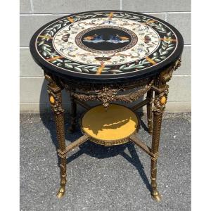 Pedestal Table In Marble Marquetry "aux Papillons" Late 19th-early 20th Century