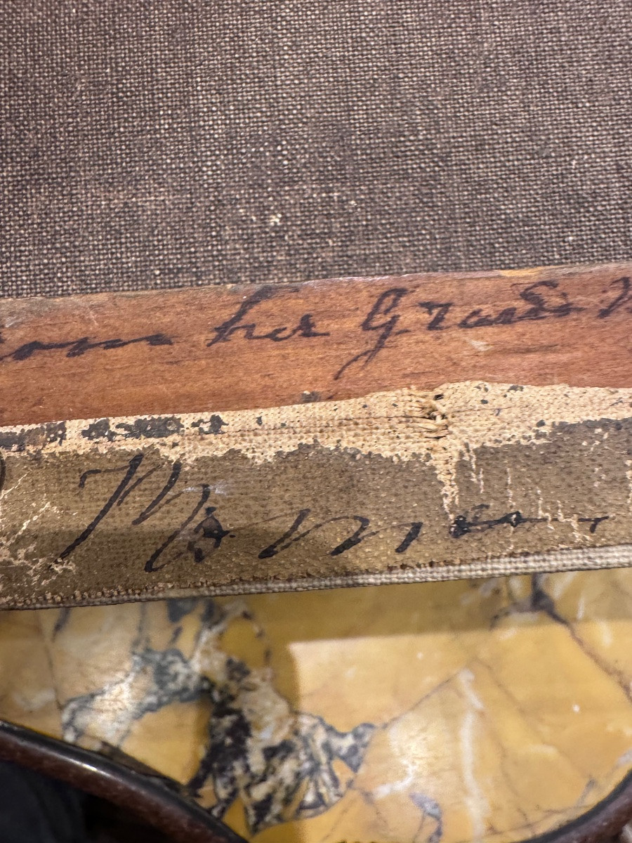 Peinture à l'huile ancienne sur toile, signée et datée au dos avec une dédicace de 1871. Représ-photo-2