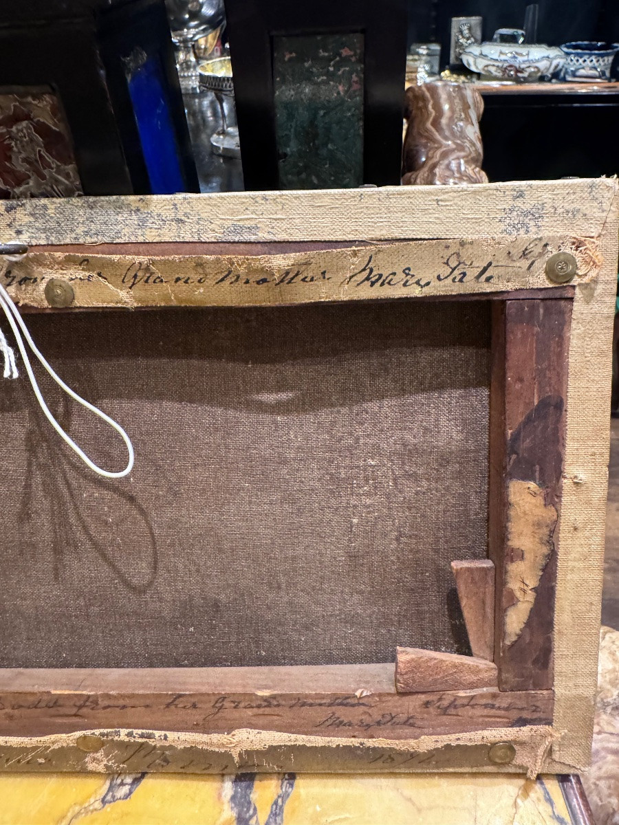 Peinture à l'huile ancienne sur toile, signée et datée au dos avec une dédicace de 1871. Représ-photo-4