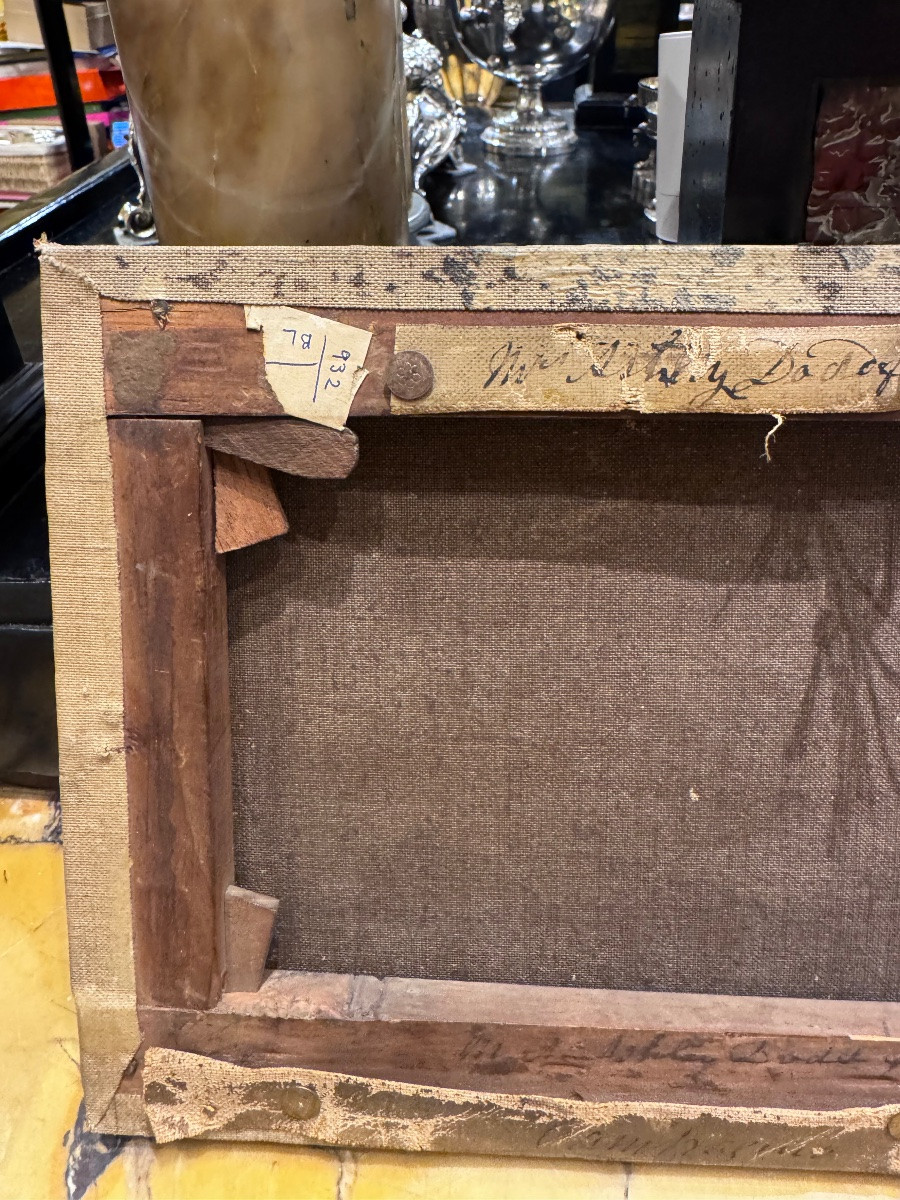Peinture à l'huile ancienne sur toile, signée et datée au dos avec une dédicace de 1871. Représ-photo-6