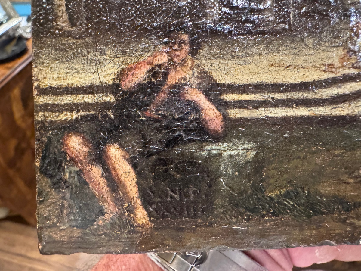 Intéressante huile sur toile ancienne, placée sur un panneau de bois. Fragment d'une œuvre plus-photo-2