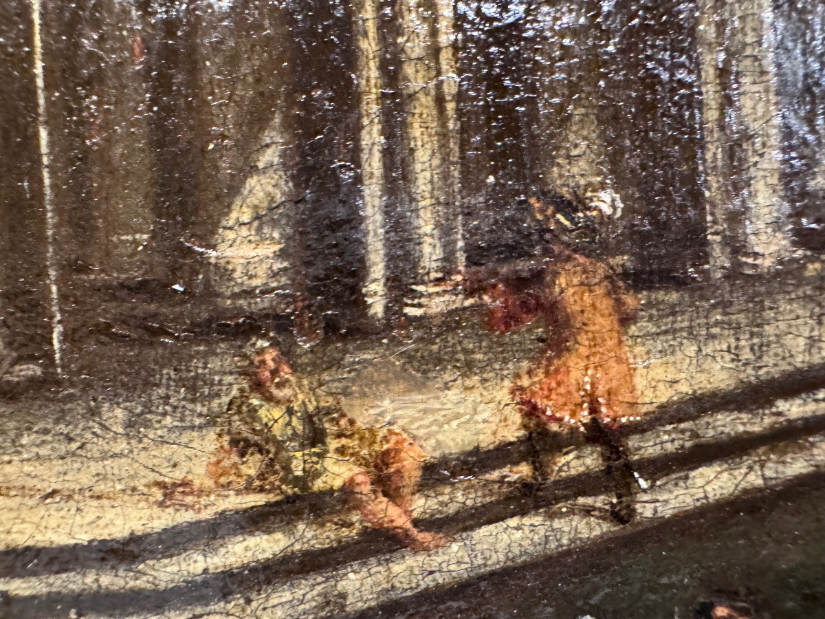 Intéressante huile sur toile ancienne, placée sur un panneau de bois. Fragment d'une œuvre plus-photo-3