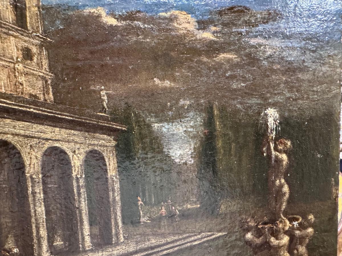 Intéressante huile sur toile ancienne, placée sur un panneau de bois. Fragment d'une œuvre plus-photo-4