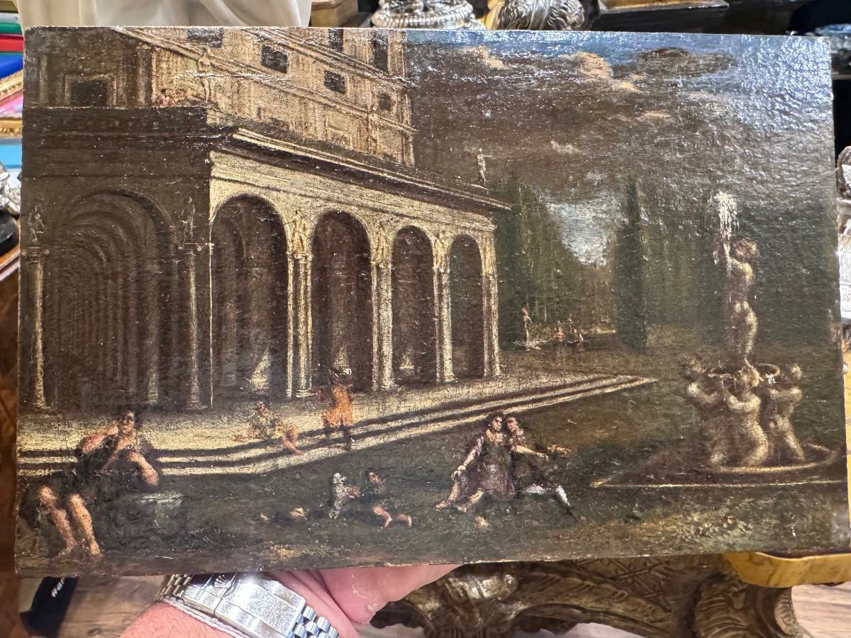 Intéressante huile sur toile ancienne, placée sur un panneau de bois. Fragment d'une œuvre plus-photo-1