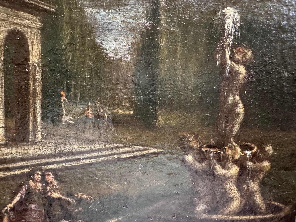 Intéressante huile sur toile ancienne, placée sur un panneau de bois. Fragment d'une œuvre plus-photo-3