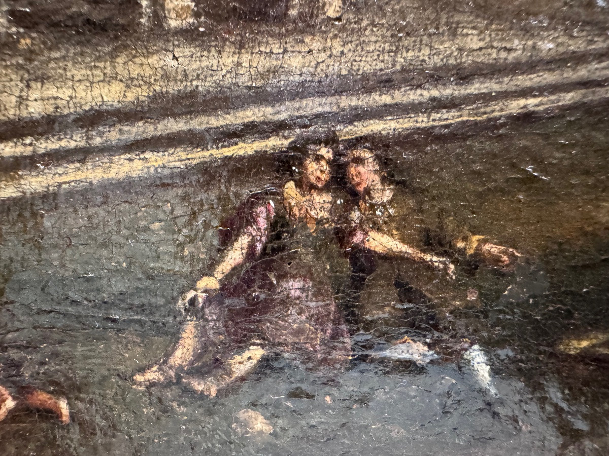 Intéressante huile sur toile ancienne, placée sur un panneau de bois. Fragment d'une œuvre plus-photo-4