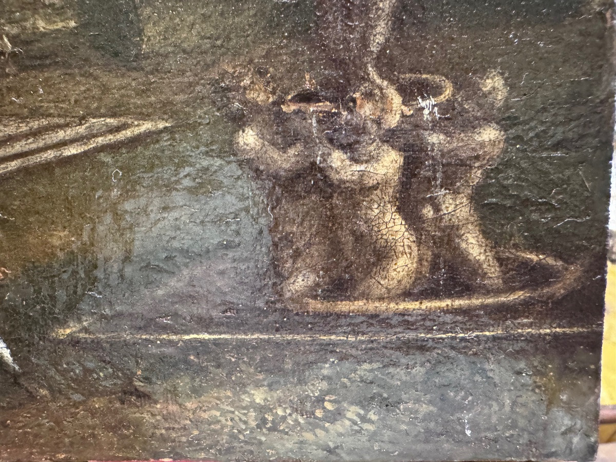 Intéressante huile sur toile ancienne, placée sur un panneau de bois. Fragment d'une œuvre plus-photo-5