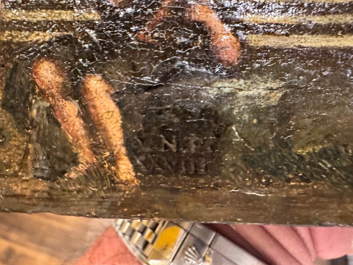 Intéressante huile sur toile ancienne, placée sur un panneau de bois. Fragment d'une œuvre plus-photo-6