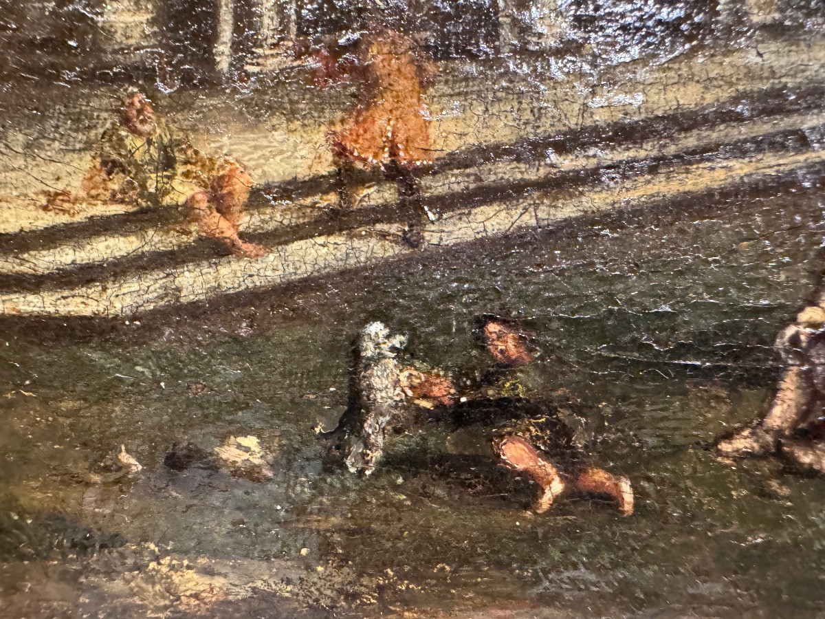 Intéressante huile sur toile ancienne, placée sur un panneau de bois. Fragment d'une œuvre plus-photo-7