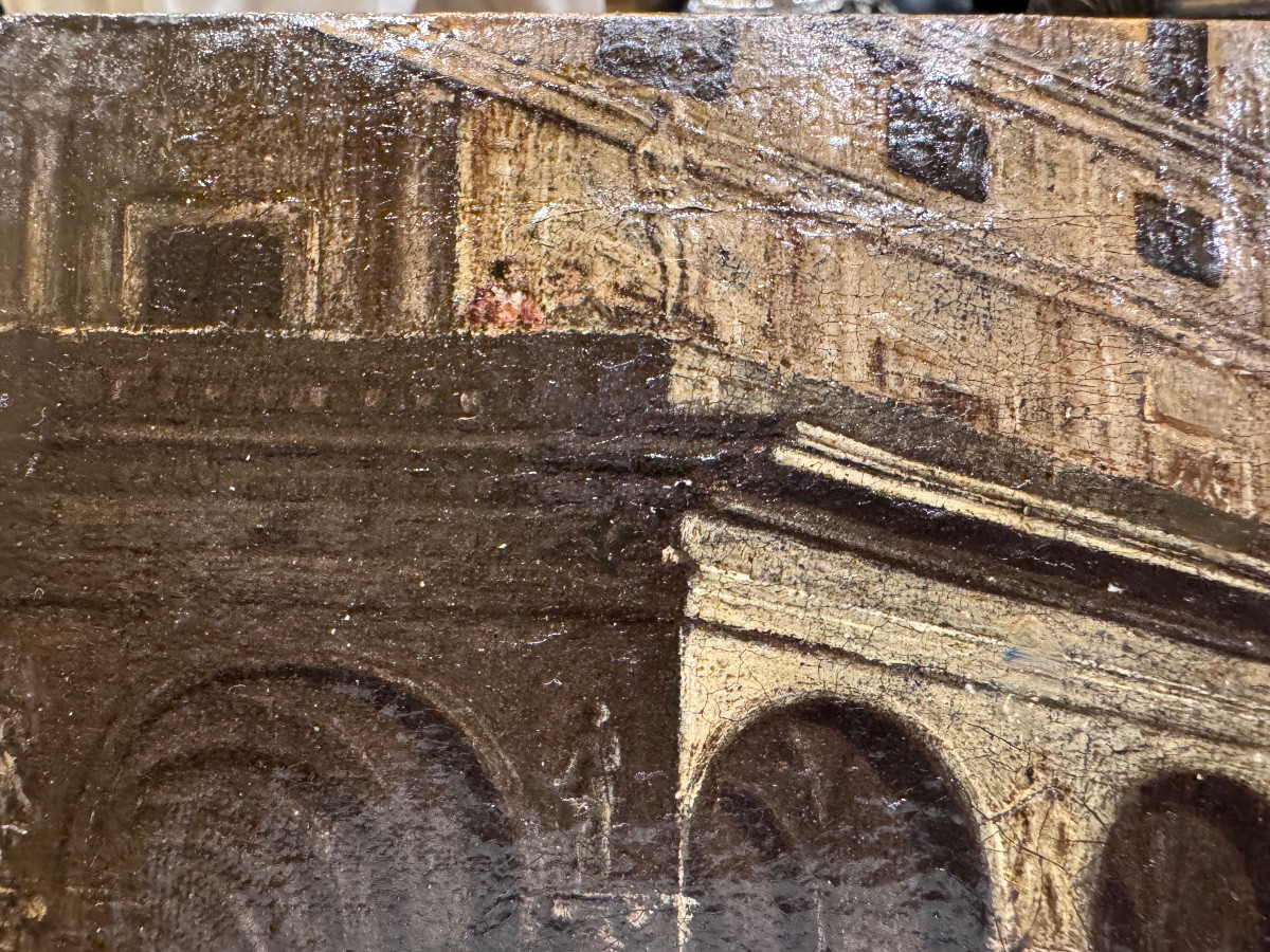 Intéressante huile sur toile ancienne, placée sur un panneau de bois. Fragment d'une œuvre plus-photo-8