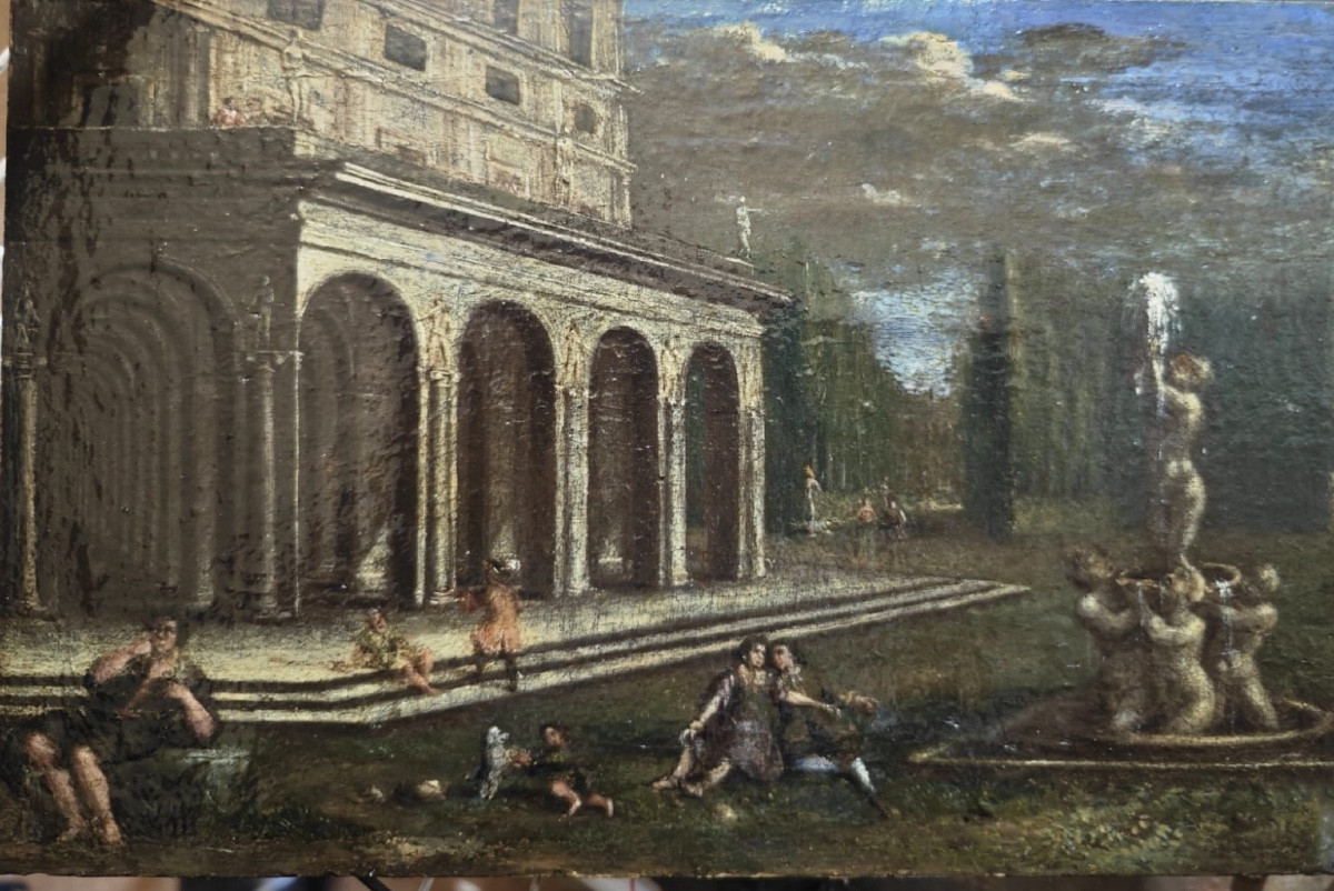 Intéressante huile sur toile ancienne, placée sur un panneau de bois. Fragment d'une œuvre plus