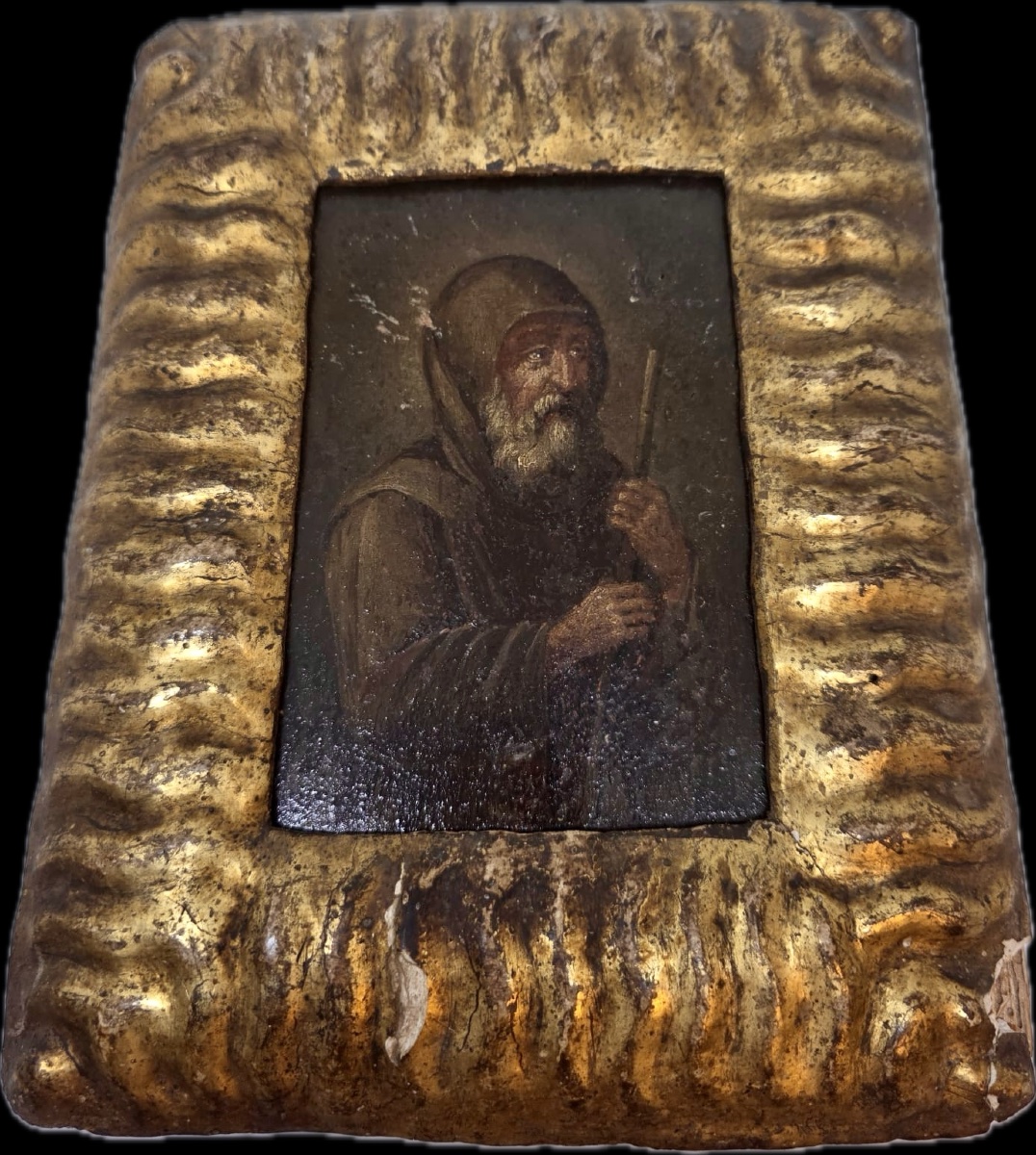 Petit tableau à l'huile sur bois de la fin du XVIe siècle, présenté dans un cadre d'époque exem