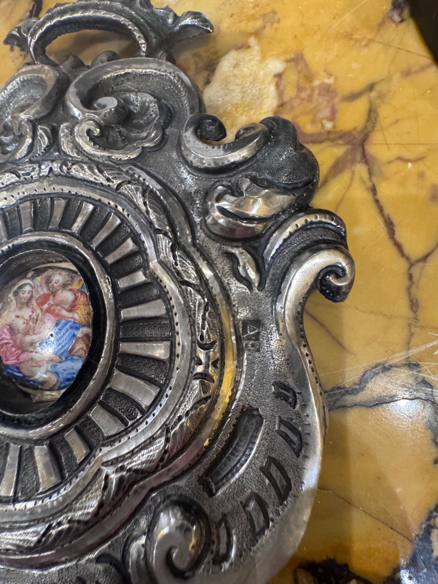 Antique Small Silver Frame, Finely Embossed And Engraved, From The 18th Century, Dated Palermo 1737, With-photo-3