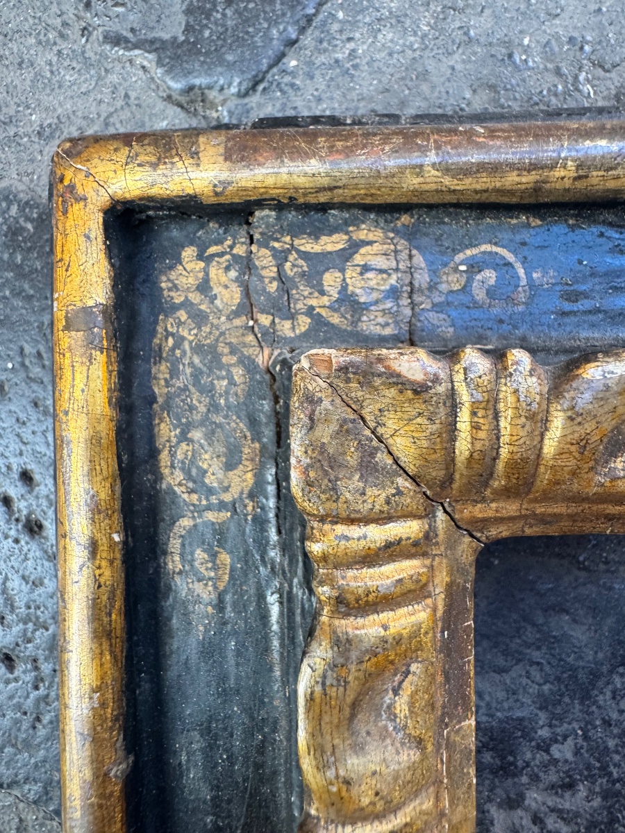 Rare Antique Collectible Frame From Siena, 16th Century, Black Lacquer, Accented With Gold, With The-photo-2