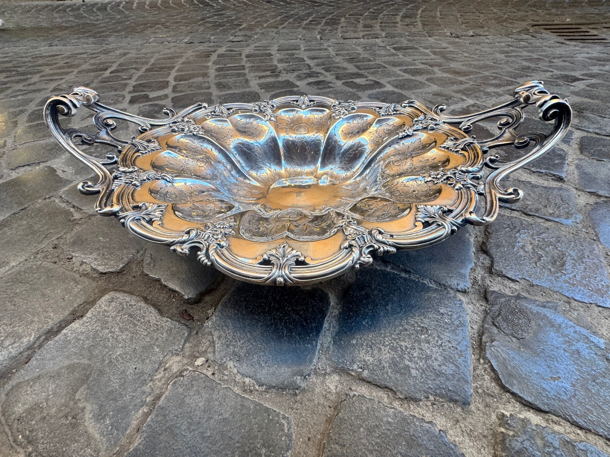 Centre de table ancien en forme de panier, ciselé, gravé et estampé à la main en argent massif,-photo-2