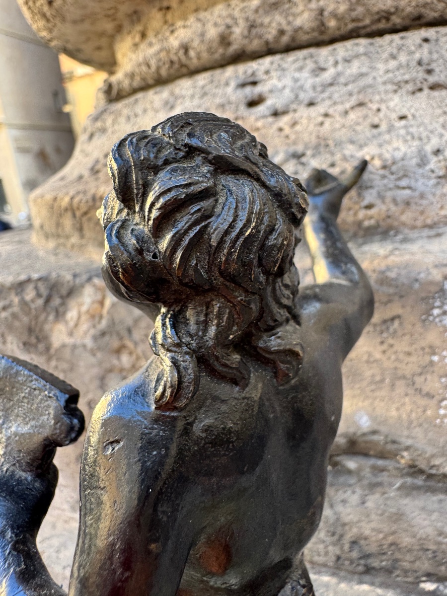 Sculpture en bronze ancien représentant un satyre musicien assis sur un rocher, XVIe siècle, Ro-photo-2
