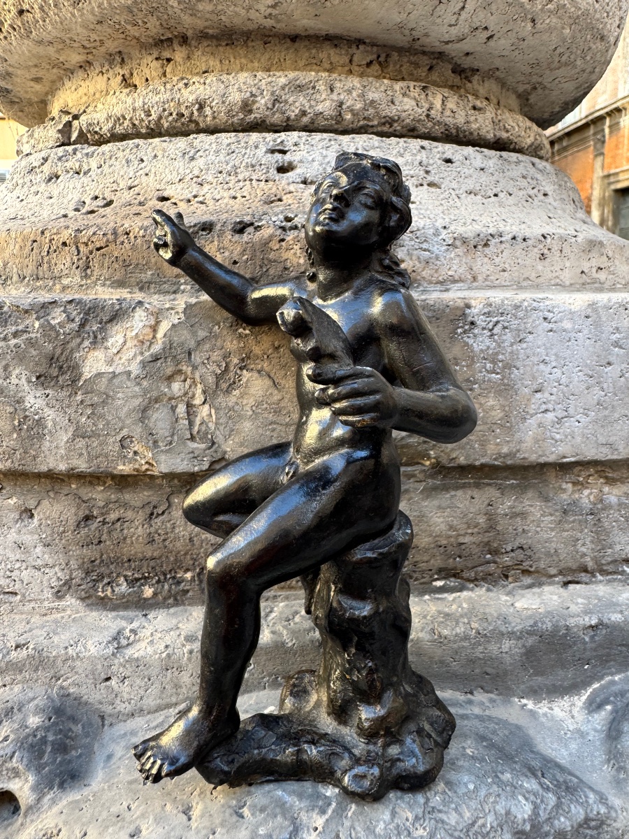 Sculpture en bronze ancien représentant un satyre musicien assis sur un rocher, XVIe siècle, Ro-photo-4