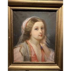 Portrait d'Une Jeune Fille - Pastel Sur Toile 19e Siècle France