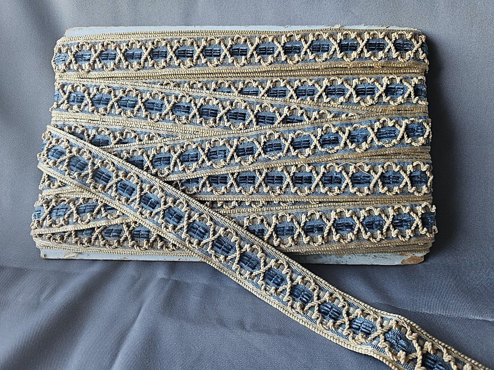 Braid / Cotton, With Blue Velvet Stitch Accents / 19th Century / In A Yellow Frame.