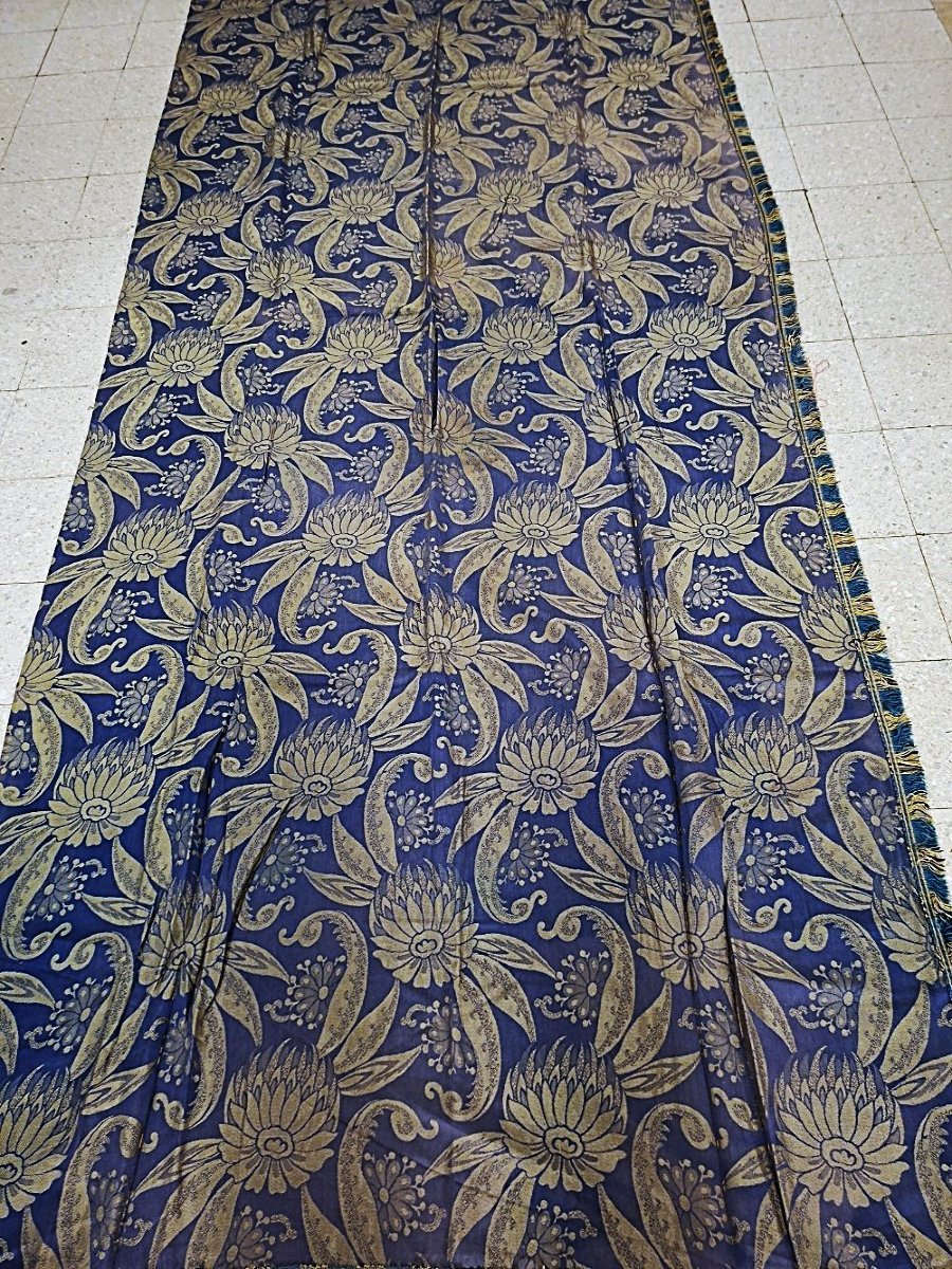 Curtain / 1 /  Lined With Fringe / Golden Peony Patterns On A Royal Blue Background.
