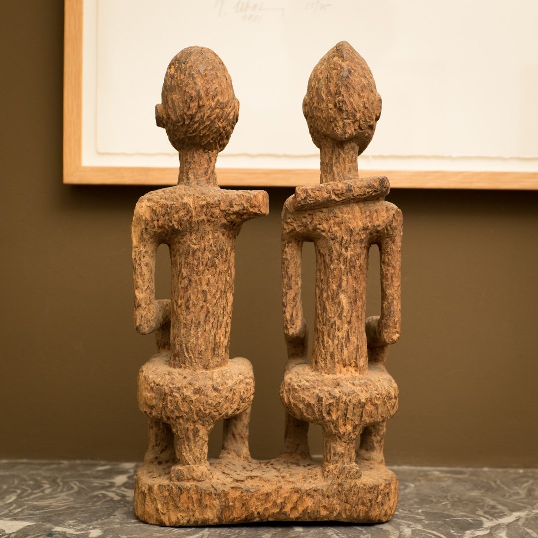 Wood Sculpture .. Seated Dogon Couple . Mali . Africa ..-photo-3