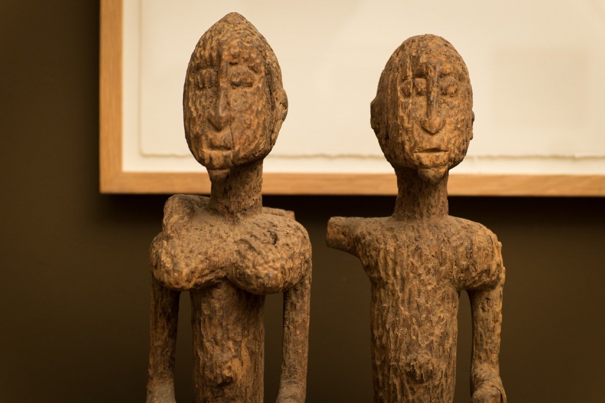 Wood Sculpture .. Seated Dogon Couple . Mali . Africa ..-photo-4