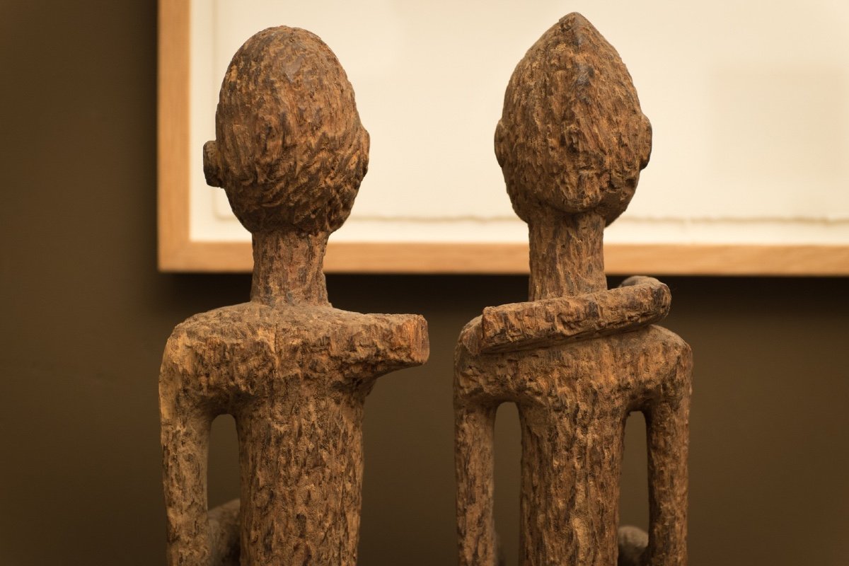Wood Sculpture .. Seated Dogon Couple . Mali . Africa ..-photo-1