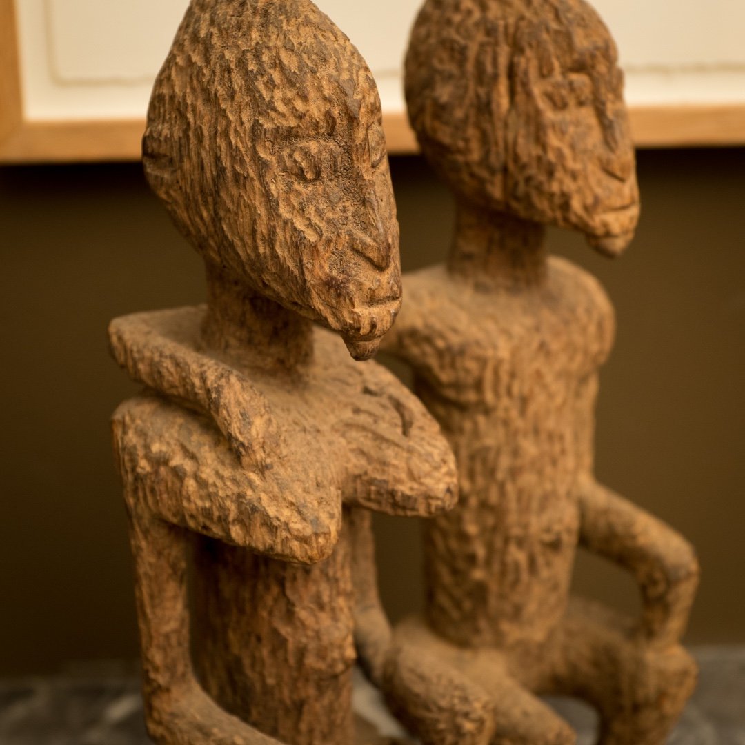 Wood Sculpture .. Seated Dogon Couple . Mali . Africa ..-photo-2