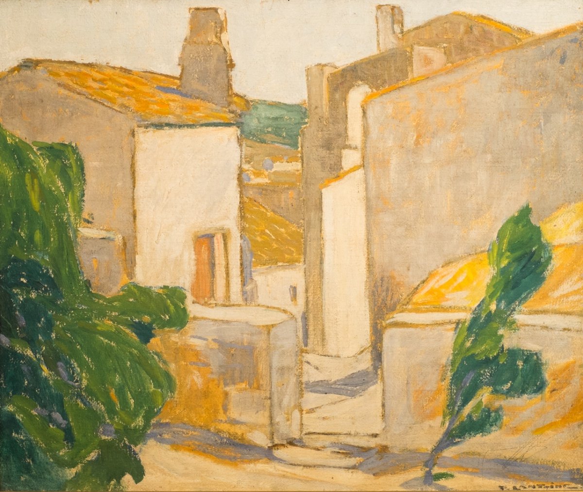 Fernand LANTOINE  . vue d'un village du sud de la France .. grande huile sur toile encadrée . -photo-2